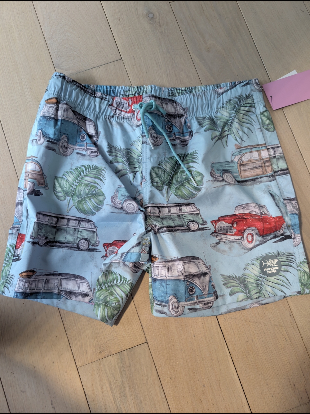Light Blue Vintage Car Print Men's Swim Trunks